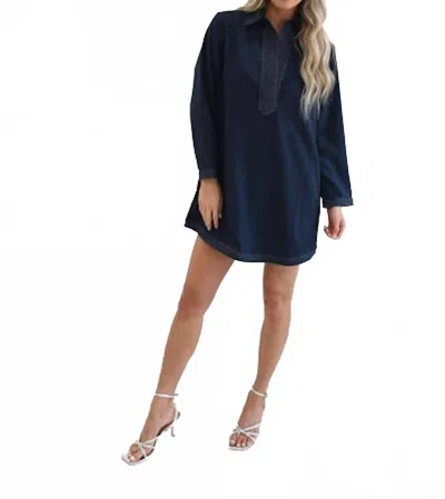 Never A Wallflower Split Neck Dress In Navy Boucle In Blue