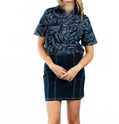 Never A Wallflower Split Neck Top In Leaf Navy In Blue