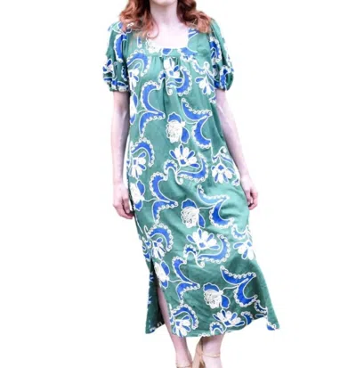 Never A Wallflower Square Neck Dress In Crewel Work In Green