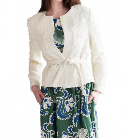 Never A Wallflower Tie Waist Jacket In Ivory Tweed In White