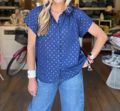 Never A Wallflower Vicki Button Down Top In Navy Metallic Dot In Multi