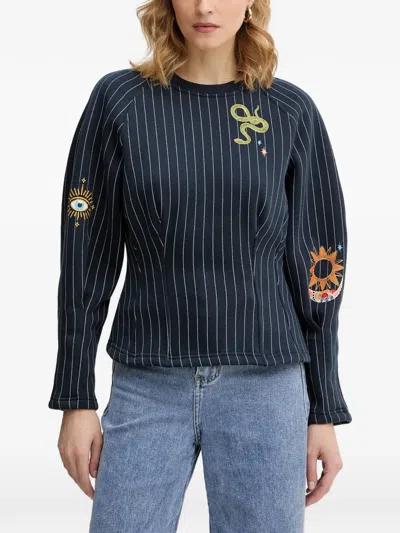Never Fully Dressed Barrel Striped Embellished Sweatshirt In Blue