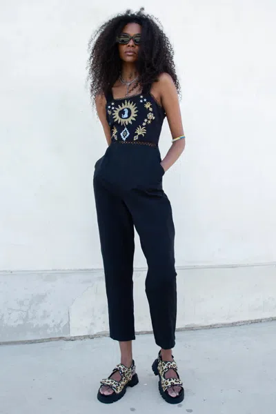 Never Fully Dressed Black Leopard Embroidered Jumpsuit In Blue