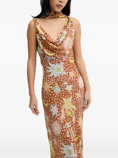 Never Fully Dressed Celestial-print Cowl-neck Maxi Dress In Brown