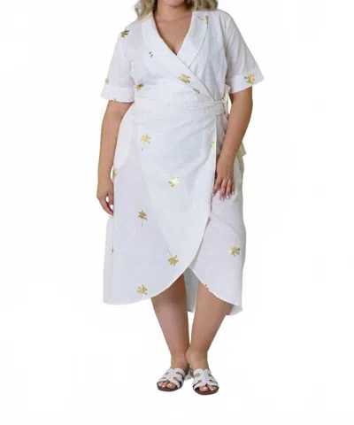 Never Fully Dressed Cotton Linen Brooklyn Midi Dress - Plus In White With Gold Palms