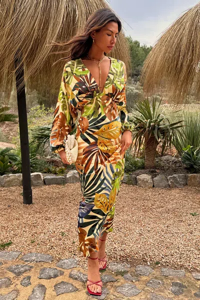 Never Fully Dressed Cream Palm Leaf Emma Dress In Multi