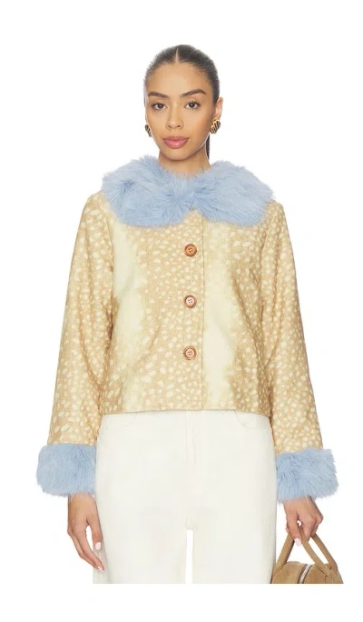 Never Fully Dressed Deer Print Jacket With Blue Fur Trims In Neutral