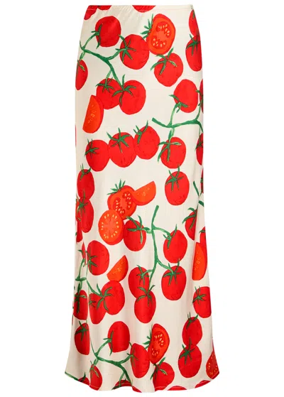 Never Fully Dressed Dorris Printed Satin Midi Skirt In Red
