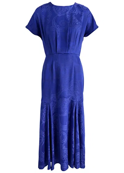 Never Fully Dressed Erin Satin-jacquard Midi Dress In Blue