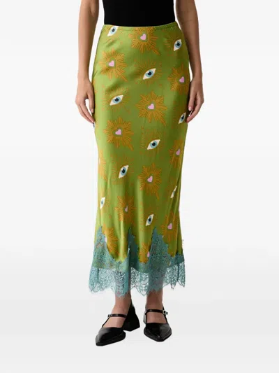 Never Fully Dressed Eye-print Lace-trim Midi Skirt In Green