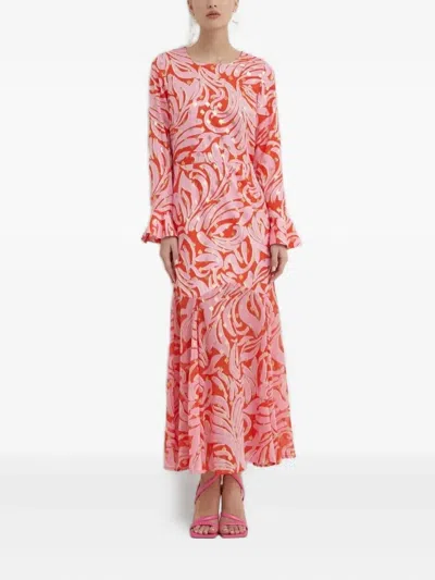 Never Fully Dressed Flared Ruffled Print Dress In Pink