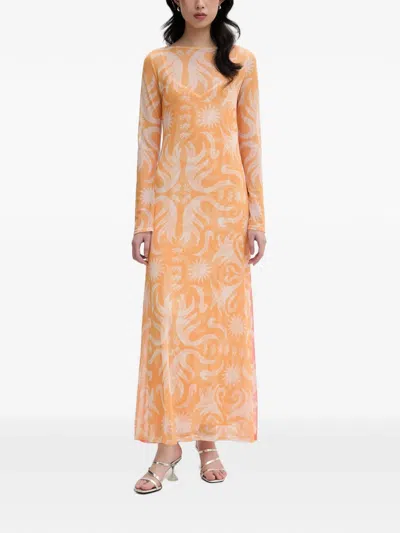 Never Fully Dressed Graphic-print Long-sleeve Midi Dress In Orange