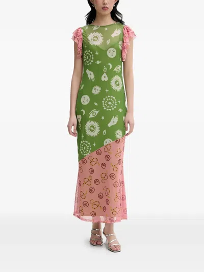Never Fully Dressed Graphic-print Ruffled Midi Dress In Green