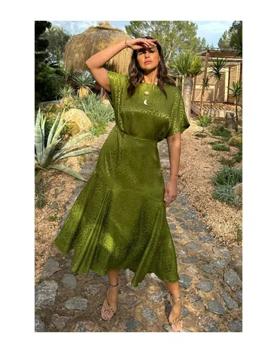 Never Fully Dressed Cap Sleeve Satin Jacquard Midaxi Dress In Olive-green