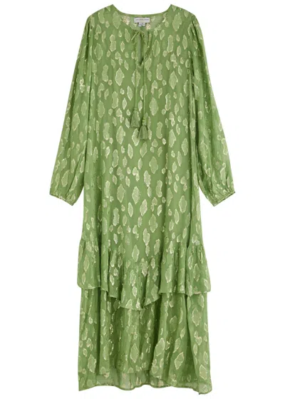Never Fully Dressed Harmony Metallic-jacquard Chiffon Midi Dress In Green