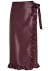 Never Fully Dressed Jaspre Ruffled Faux Leather Midi Wrap Skirt In Burgundy