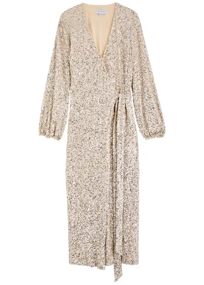 Never Fully Dressed Kira Sequin-embellished Midi Wrap Dress In Silver