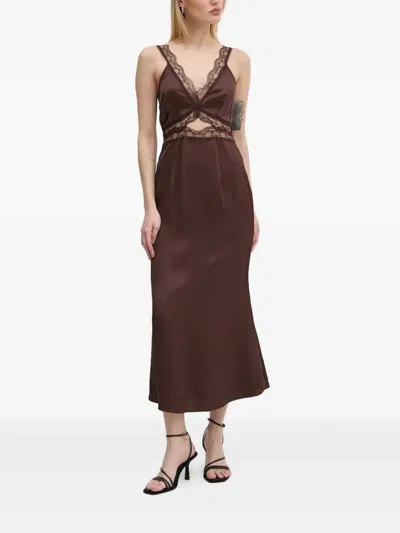 Never Fully Dressed Lace-insert Slip Midi Dress In Brown