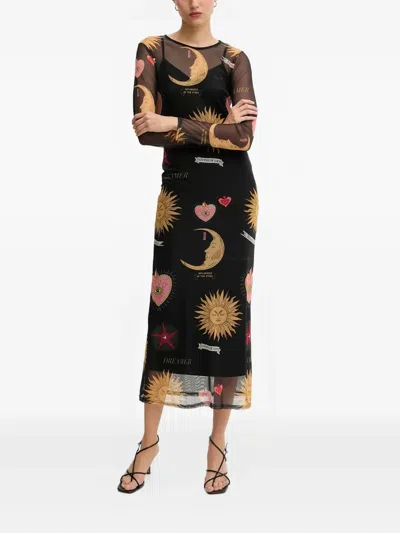 Never Fully Dressed Long-sleeve Graphic Midi Dress In Black