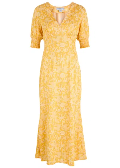 Never Fully Dressed May Printed Satin Midi Dress In Yellow