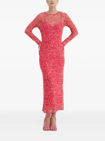 Never Fully Dressed Mesh Long-sleeve Print Dress In Pink