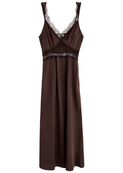 Never Fully Dressed Mimi Lace-trimmed Satin Midi Dress In Brown