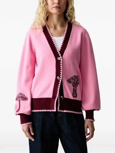 Never Fully Dressed Mushroom-embroidered Scallop-trim Cardigan In Pink