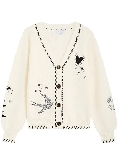 Never Fully Dressed Mystical Tattoo Embroidered Ribbed-knit Cardigan In Neutrals