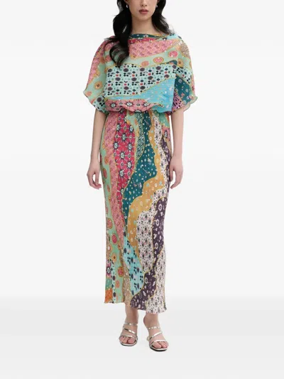 Never Fully Dressed Plissé Patchwork-print Midi Dress In Blue