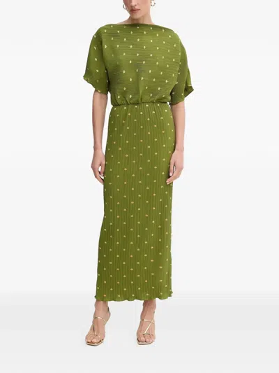 Never Fully Dressed Polka-dot Plissé Maxidress In Green