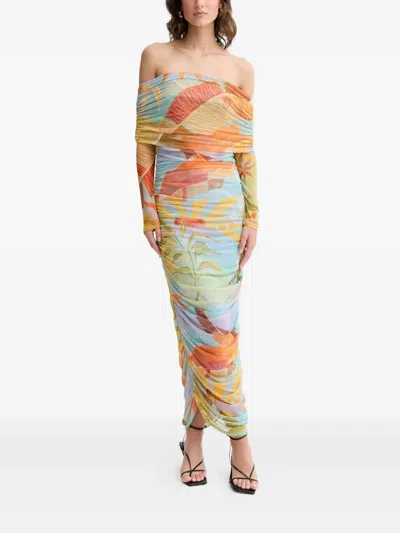 Never Fully Dressed Ruched Off-shoulder Maxi Dress In Multi