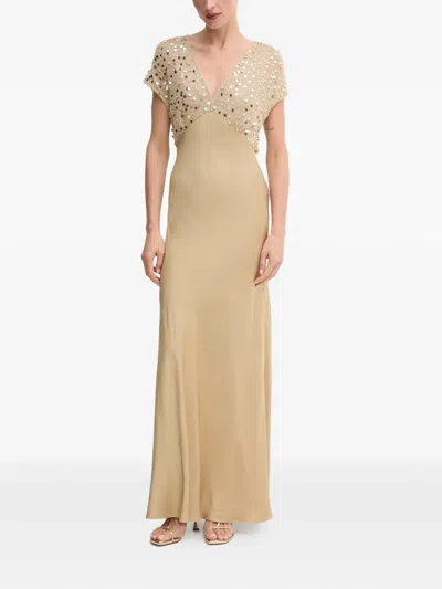 Never Fully Dressed Sequin V-neck Maxi Dress In Neutral