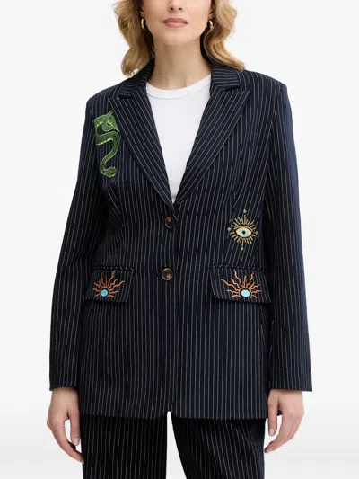 Never Fully Dressed Taylor Striped Embroidered Blazer In Blue