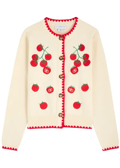 Never Fully Dressed Tomato Embroidered Knit Cardigan In White