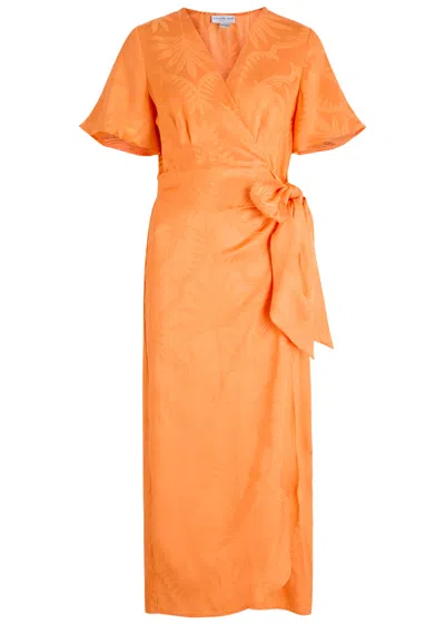 Never Fully Dressed Vienna Jacquard Satin Midi Wrap Dress In Orange
