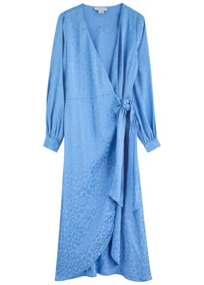 Never Fully Dressed Vienna Leopard-jacquard Midi Wrap Dress In Blue