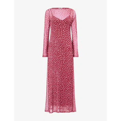 Never Fully Dressed Womens Burgundy Aria Printed Sheer Midi Dress