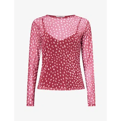 Never Fully Dressed Womens Burgundy Deer-print Sheer Mesh Top