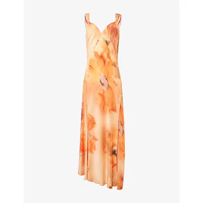 Never Fully Dressed Womens Orange Sofia Floral Knot-strap Bias-cut Woven Maxi Dress