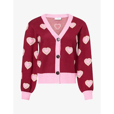 Never Fully Dressed Womens Red Hearts-intarsia V-neck Knitted Cardigan