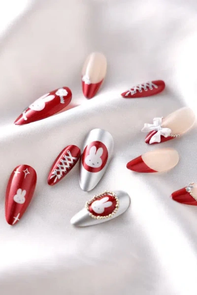 Never Have I Ever Miffy Burgundy Almond Press On Nails Cute Character Nail Art In Red
