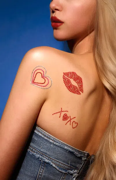 Never Have I Ever Women's Xoxo Kisses Rhinestone Temporary Tattoo Set In Red In Transparent