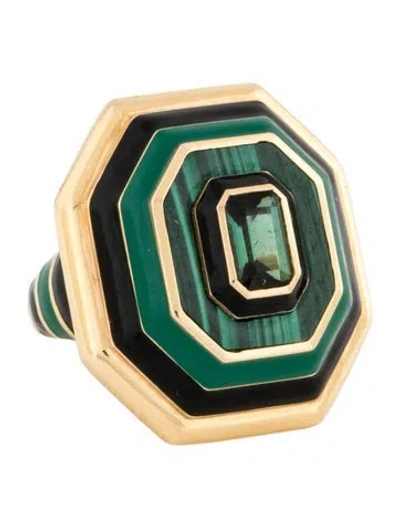 Pre-owned Nevernot 18k Tourmaline & Malachite Enamel Unique Ring In Black/green