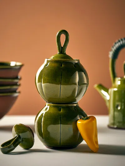 Neville Tatham Slipware Small Jars (set Of 2) In Green