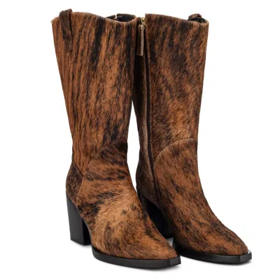 New Amendment Women's Olsson Mid Shaft Wide Calf Boot In Ponyhair Black Brindle In Brown