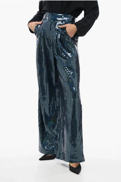 New Arrivals All-over Sequined Wide-leg Pants With Pleats In Blue