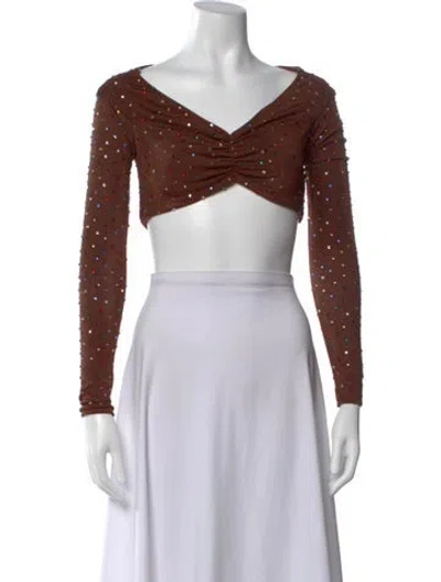Pre-owned New Arrivals Graphic Print V-neck Crop Top In Brown