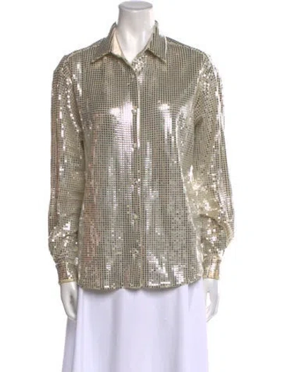 Pre-owned New Arrivals Plaid Print Long Sleeve Button-up Top In Silver