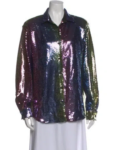 Pre-owned New Arrivals Printed Long Sleeve Button-up Top In Blue