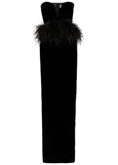 New Arrivals Sienna Feather-appliquéd Velvet Maxi Dress In Black